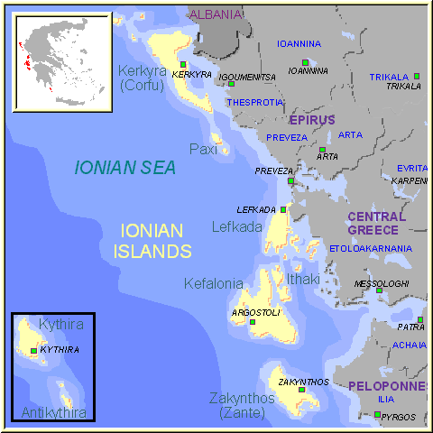 Mapa das ilhas Jônicas 